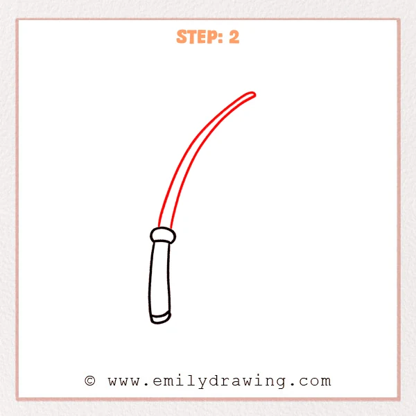how to draw a fishing pole - Fishing pole drawing with a finished handle and a long curved rod extending upward to the right with a rounded tip.
